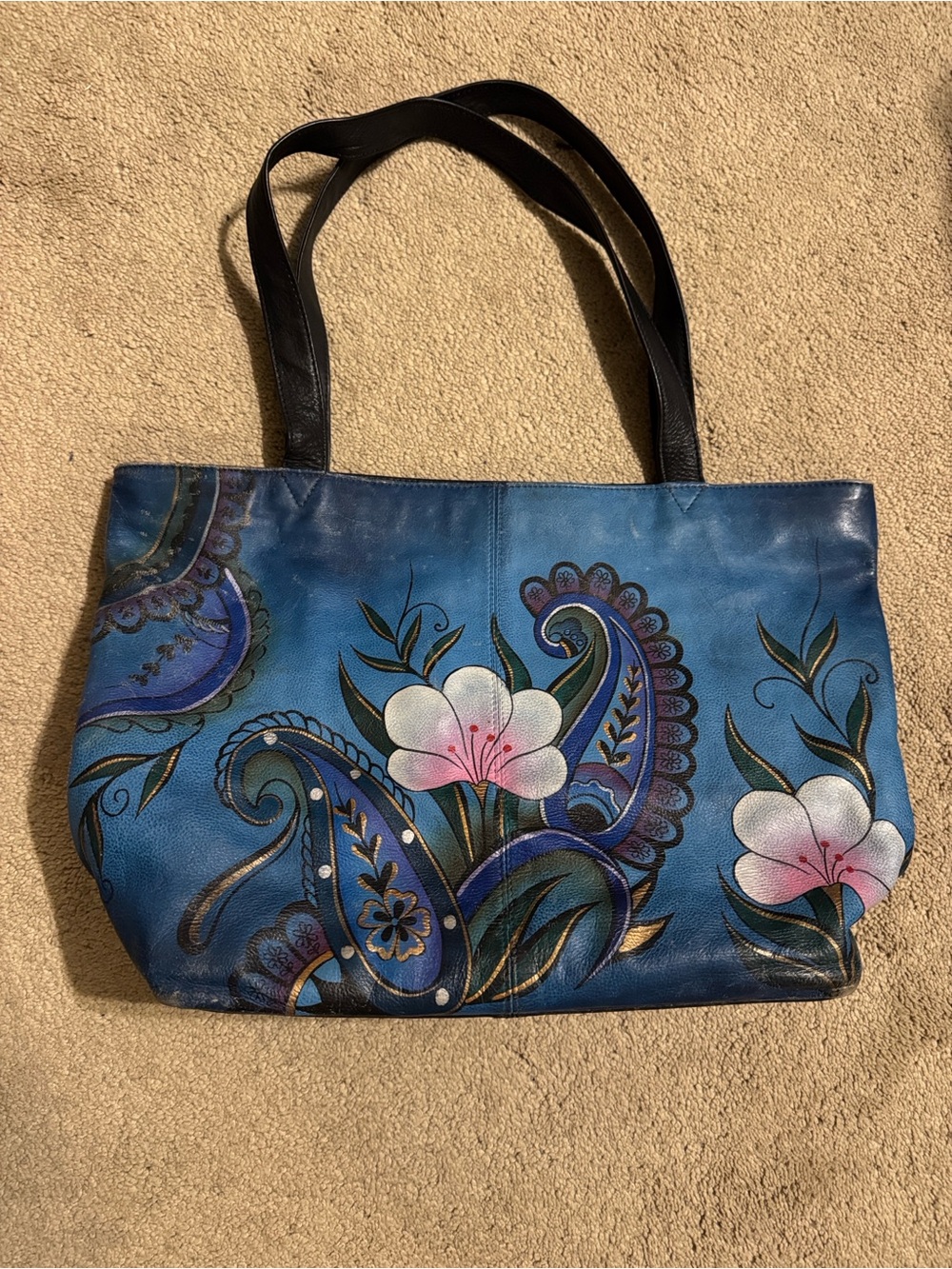 Anuschka Hand-Painted Blue Floral Tote with Black Straps